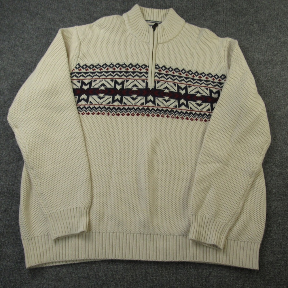 IZOD Sweater Mens XL White 1/4 Zip Mock‎ Neck Fair Isle Pullover Waffle Knit Ski - Picture 3 of 11